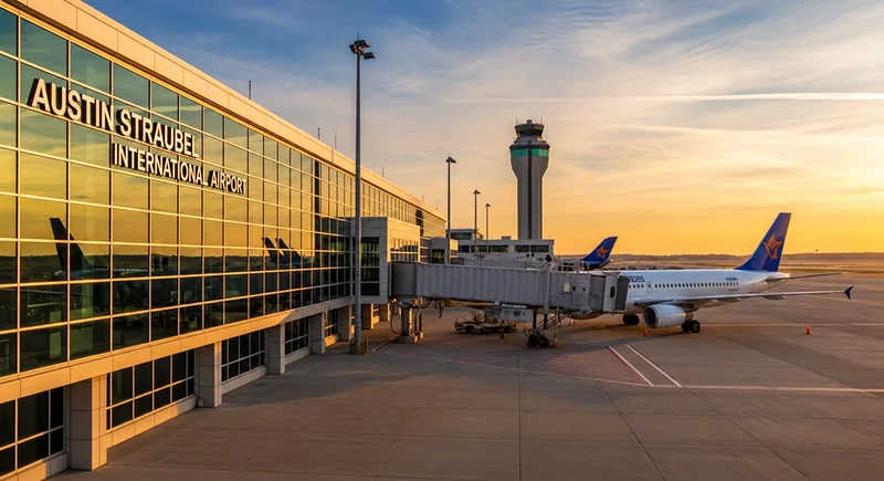 Austin Straubel International Airport terminal, control tower and aircraft at sunset